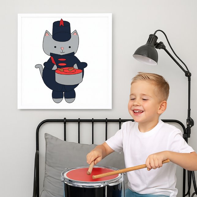 Affiche Marching Band Cat Snare Drum Red Navy Blue (A poster featuring a cute gray cat playing the drums in a navy blue & red marching band uniform.)