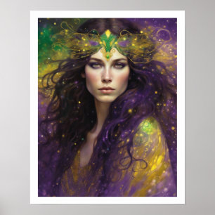 Affiche Mardi Gras Art Nuevo Casque Femme Long Cheveux