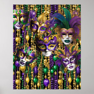 Affiche Mardi Gras Carnaval Purple Green Masques perles Ar