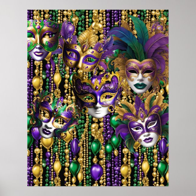 Affiche Mardi Gras Carnaval Purple Green Masques perles Ar (Devant)