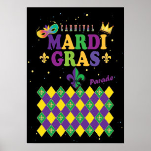 Affiche Mardi Gras Carnival Fleur de Lis Diamond Harlequin