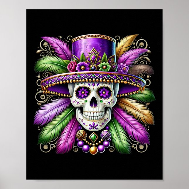Affiche Mardi Gras Costume sucre crâne Carnaval New Orlean (Devant)