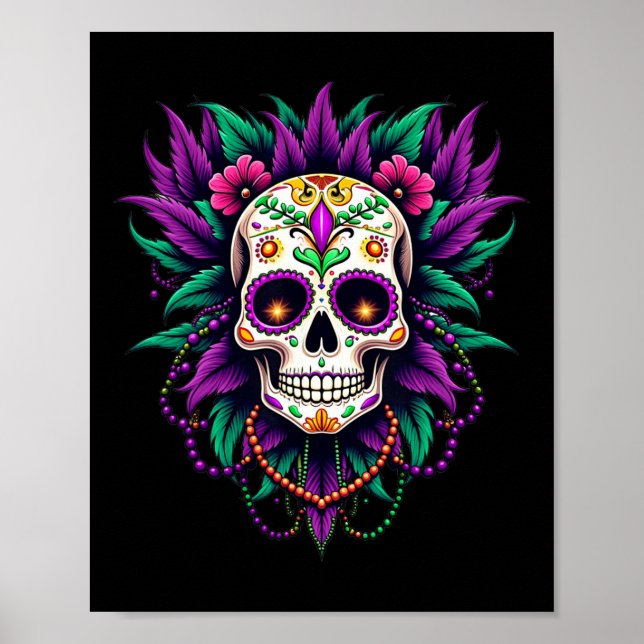 Affiche Mardi Gras Costume sucre crâne Carnaval New Orlean (Devant)