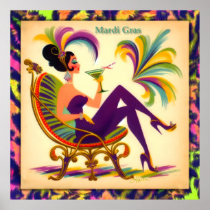 Affiche Mardi Gras Femme Au Milieu Du Siècle Avec Martini