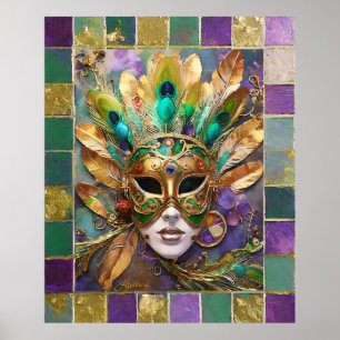 Affiche Mardi Gras Gold et vert Peacock Feature Masque