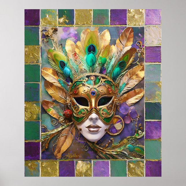 Affiche Mardi Gras Gold et vert Peacock Feature Masque (Devant)