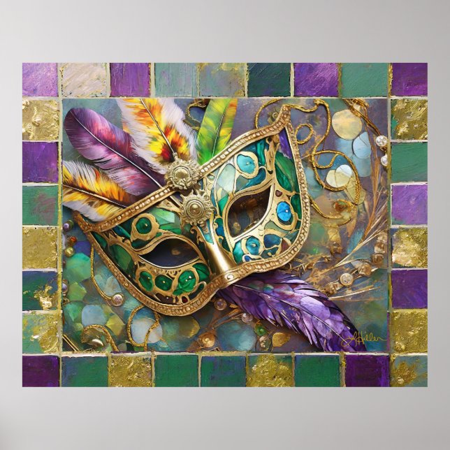 Affiche Mardi Gras Masque de plumes vert et doré (Devant)