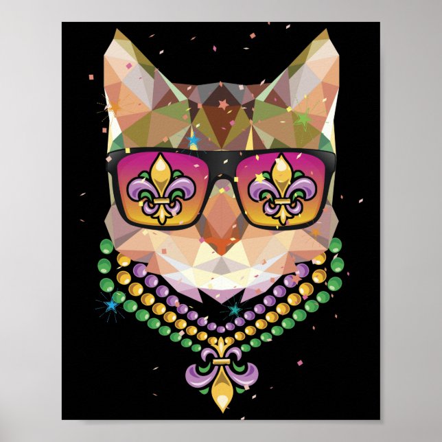 Affiche Mardi Gras Nouvelle-Orléans Drôle Masque Chat Lune (Devant)