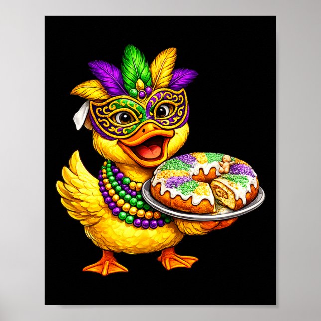Affiche Mardi Gras poussin jaune caneton masque roi gâteau (Devant)
