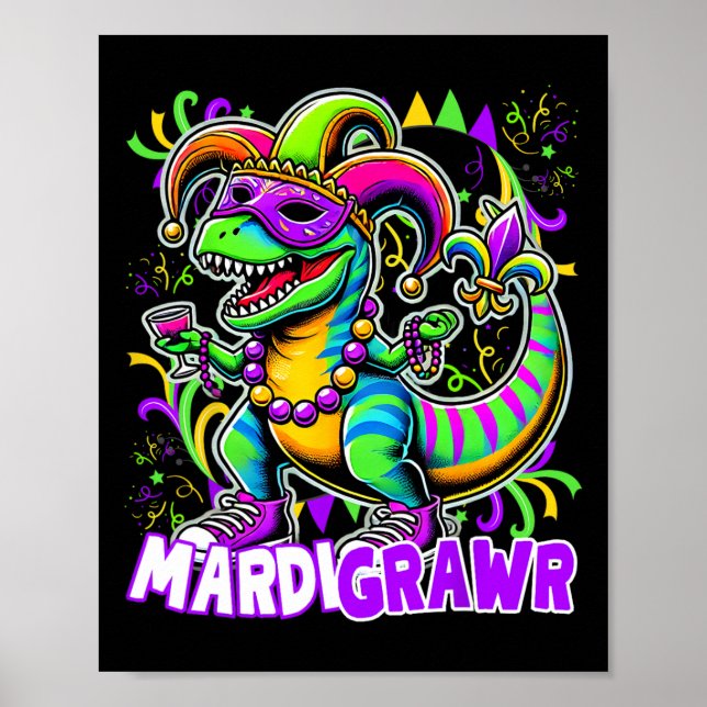 Affiche Mardi Gras T Rex Dinosaur Mardi Costume de perle d (Devant)