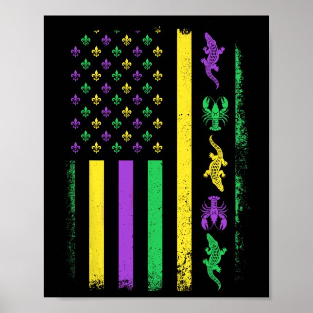 Affiche Mardi Gras Usa Drapeau américain Alligator Ma (Devant)