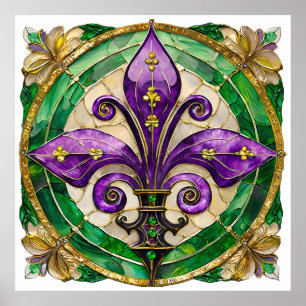 Affiche Mardi Gras Vitrail Fleur de lis