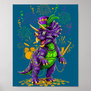 Affiche Mardi grawr t-rex dino mardi gras avec lunettes de