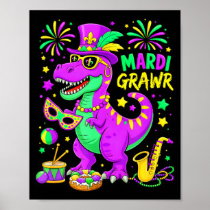 Affiche Mardi Grawr T-rex Dino Mardi Gras Dinosaure Perles