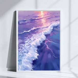 Affiche Marée Violette Peinture Aquarelle Vagues Océaniq