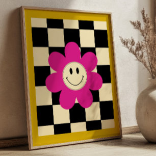 Affiche Marguerite rose souriante sur fond rétro à carreau