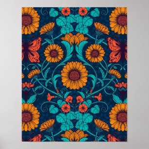 Affiche Marguerites Art Nouveau en bleu et jaune