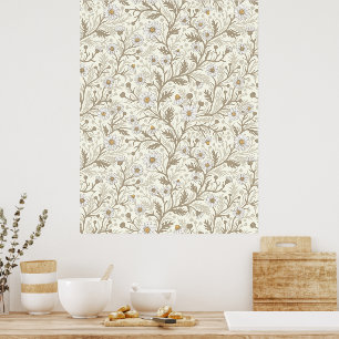 Affiche Marguerites en blanc et marron sur fond blanc cass