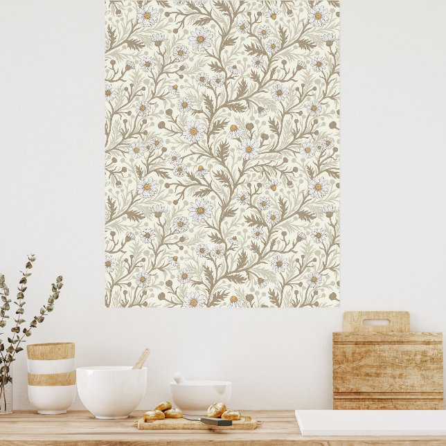 Affiche Marguerites en blanc et marron sur fond blanc cass (Cuisine)