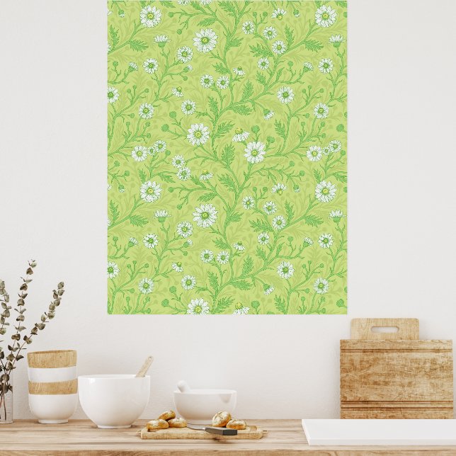 Affiche Marguerites en blanc et vert sur fond vert miel (Cuisine)