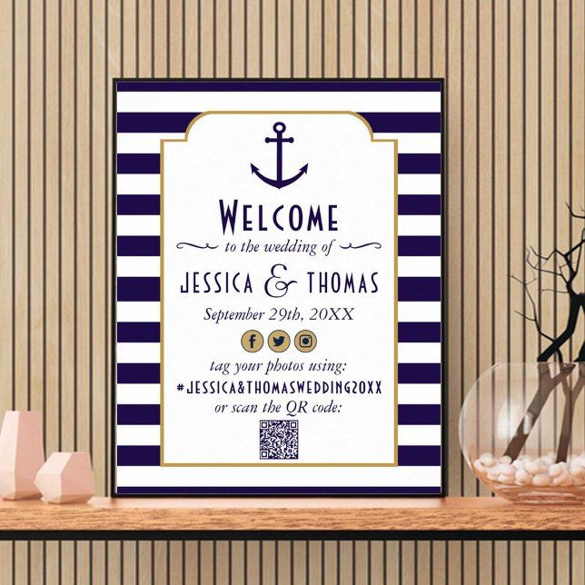 Affiche Mariage à l'ancre à rayures Navy & Blanc (Créateur téléchargé)