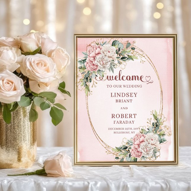 Affiche Mariage Accueil Floral Rose Éternelle Eucalyptus (Timeless Blush Pink Floral Eucalyptus Welcome Wedding)