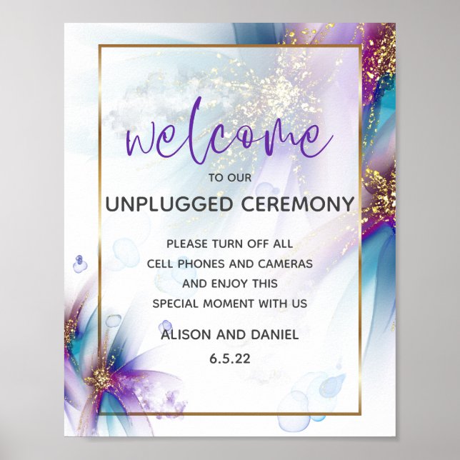 Affiche Mariage Accueil Turquoise violet Fleurs Abstraites (Devant)