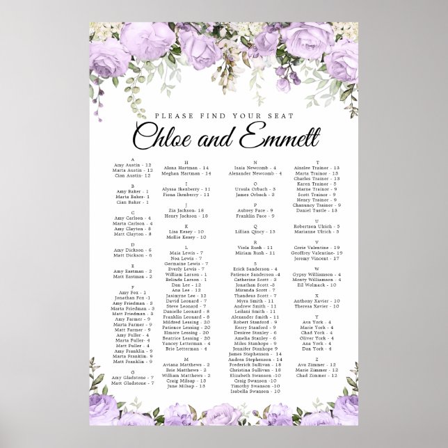 Affiche Mariage Alphabétique Violet Floral (Devant)