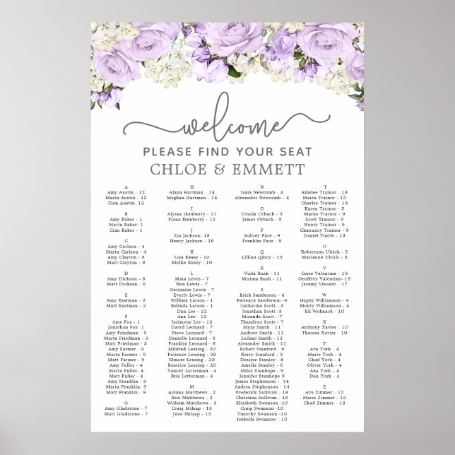 Affiche Mariage Alphabétique Violet Floral (Devant)