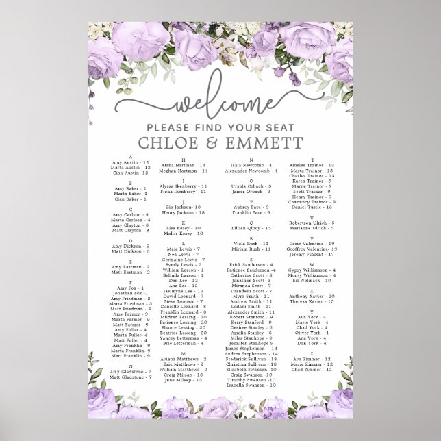 Affiche Mariage Alphabétique Violet Floral (Devant)