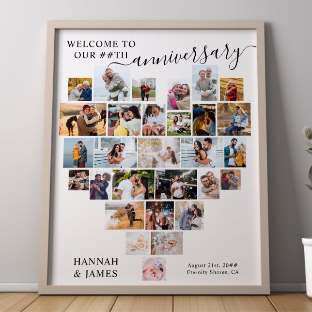 Affiche Mariage Anniversaire Script Heart Photo Collage (Wedding Anniversary poster - available printed or as a printable digital download)
