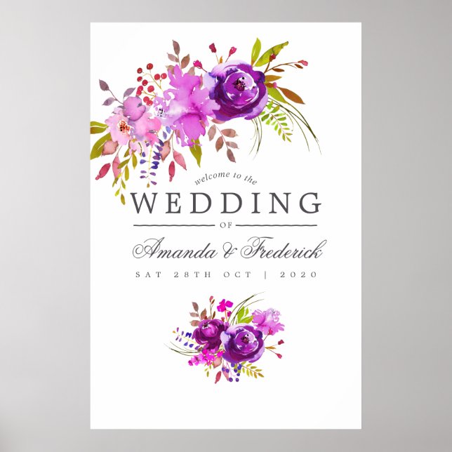 Affiche Mariage aquarelle violet et violet Bienvenue (Devant)