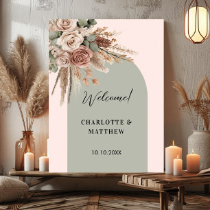 Affiche Mariage arche rose sauge vert taupe pampas rose