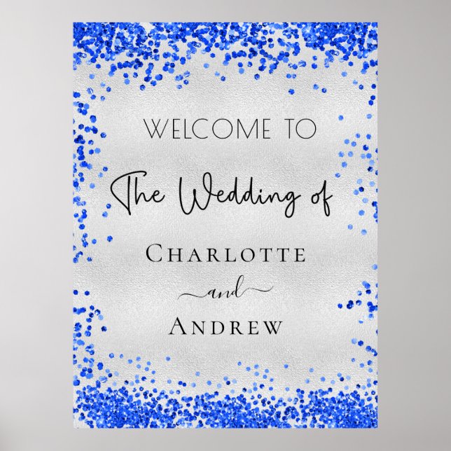 Affiche Mariage argent bleu bleu confetti bienvenue (Devant)