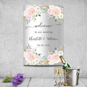 Affiche Mariage argent rose fleurs script bienvenue