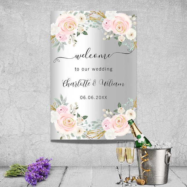 Affiche Mariage argent rose fleurs script bienvenue (Créateur téléchargé)