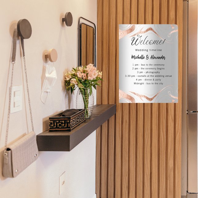 Affiche Mariage argent rose or marbre programme chronologi (Créateur téléchargé)