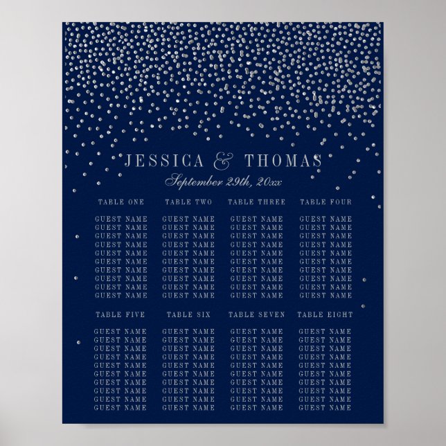 Affiche Mariage assis avec confettis Bleu marine et argent (Devant)