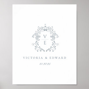 Affiche Mariage au blason monogramme bleu poussiéreux