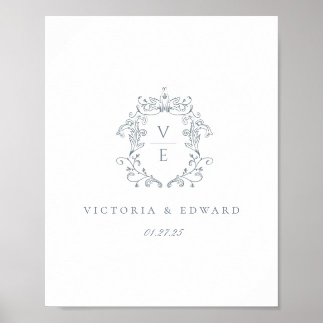 Affiche Mariage au blason monogramme bleu poussiéreux (Devant)