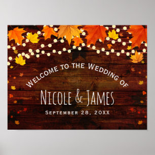 Affiche Mariage Automne Rustique Bois & Guirlande Lumineus