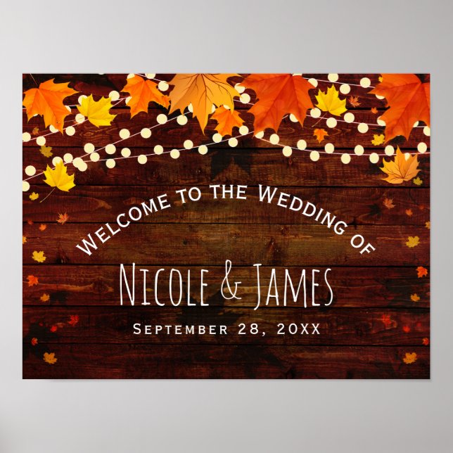 Affiche Mariage Automne Rustique Bois & Guirlande Lumineus (Devant)