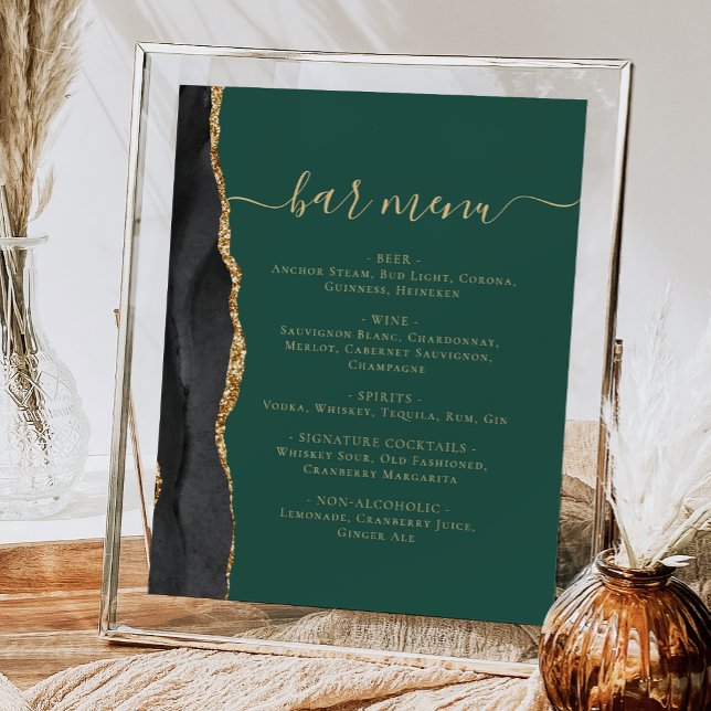 Affiche Mariage Bar Menu Black Gold Agate Emerald Green (Créateur téléchargé)