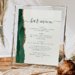 Affiche Mariage Bar Menu Emerald Green Gold Agate Ivory<br><div class="desc">Un panneau élégant pour votre menu de bar mariage. Les mots "menu barre" apparaissent dans la calligraphie d'écriture manuscrite verte avec des swashes au début et à la fin, avec le texte personnalisable ci-dessous. Une aquarelle vert émeraude ornée d'une fausse parties scintillant dorée orne la bordure gauche d'un arrière -...</div>