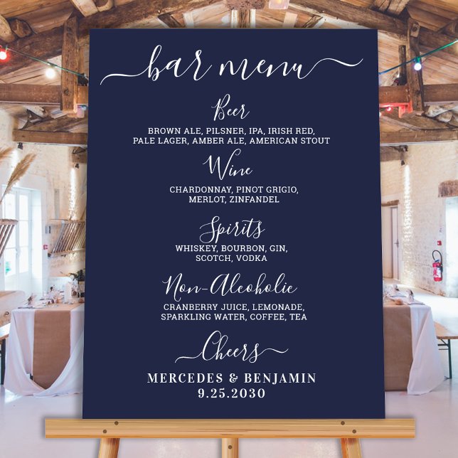Affiche Mariage Bar Menu Personnalisé Marine Blue Drink (Créateur téléchargé)