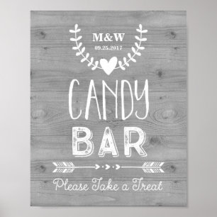 Affiche Mariage Barre de bonbons Signaler Bois Coeurs Flèc