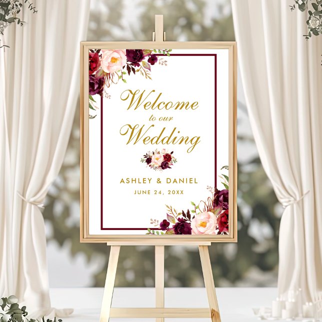 Affiche Mariage Bienvenue Bourgogne or Aquarelle Florale (Customize to change text color, text size, text style or size of poster.)