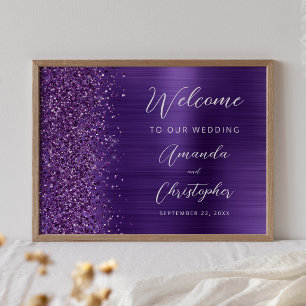 Affiche Mariage Bienvenue Écriture Paillettes Glam Violet