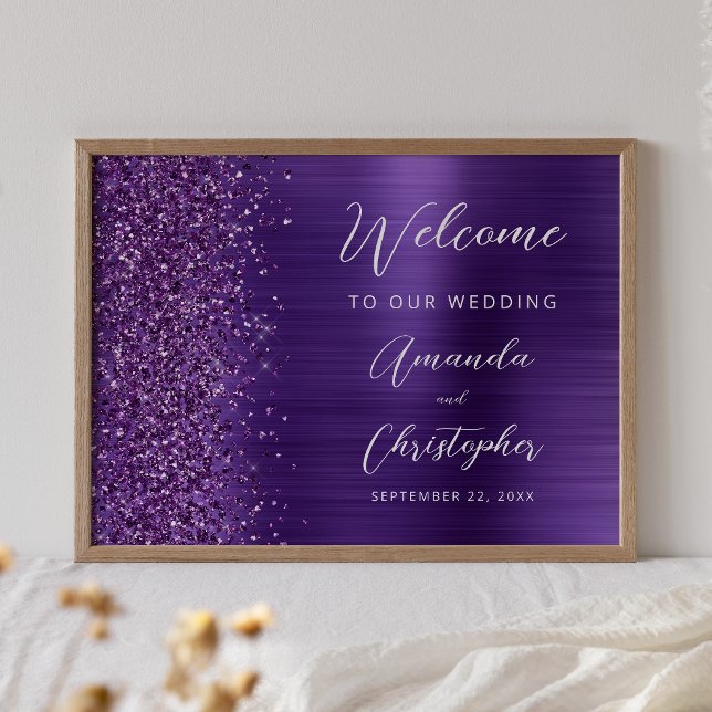 Affiche Mariage Bienvenue Écriture Paillettes Glam Violet (Créateur téléchargé)