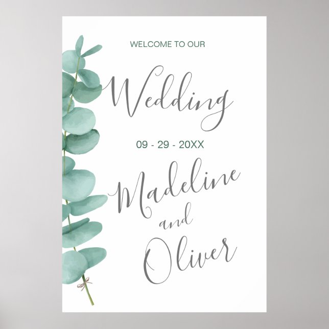 Affiche Mariage Bienvenue Eucalyptus Feuilles Simple Vert (Devant)